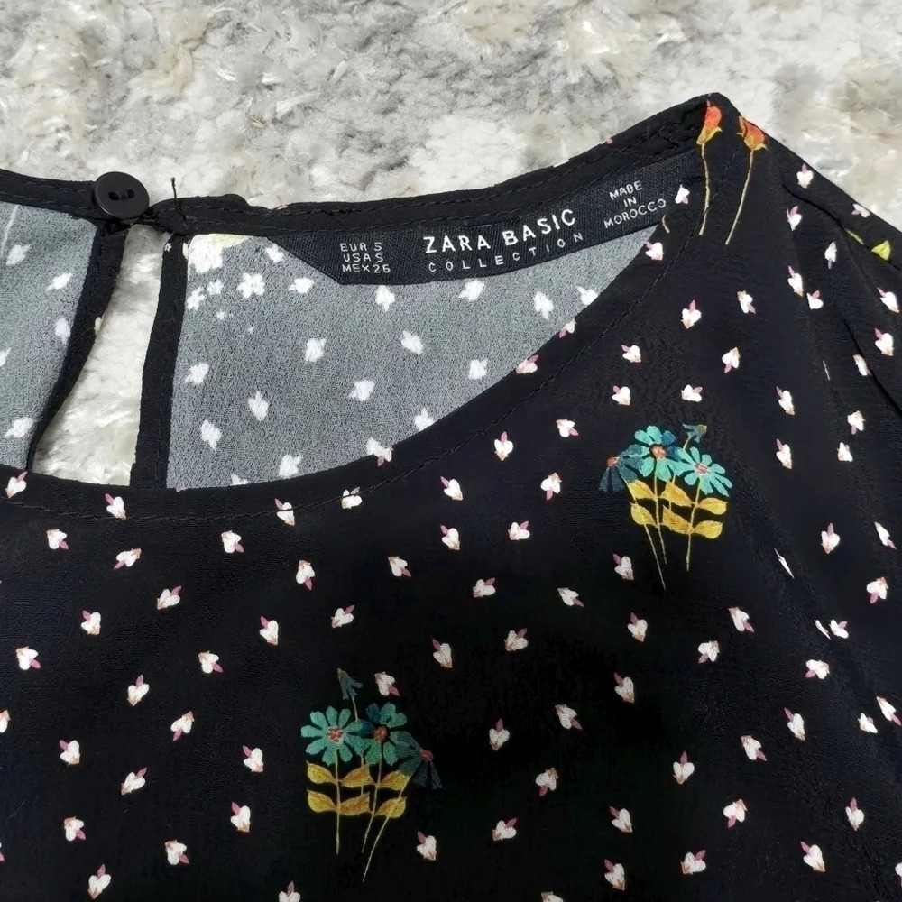 ZARA BASICS Short Sleeve Black Ditsy Floral Shift Dress with Pockets, Size S - Picture 5 of 15